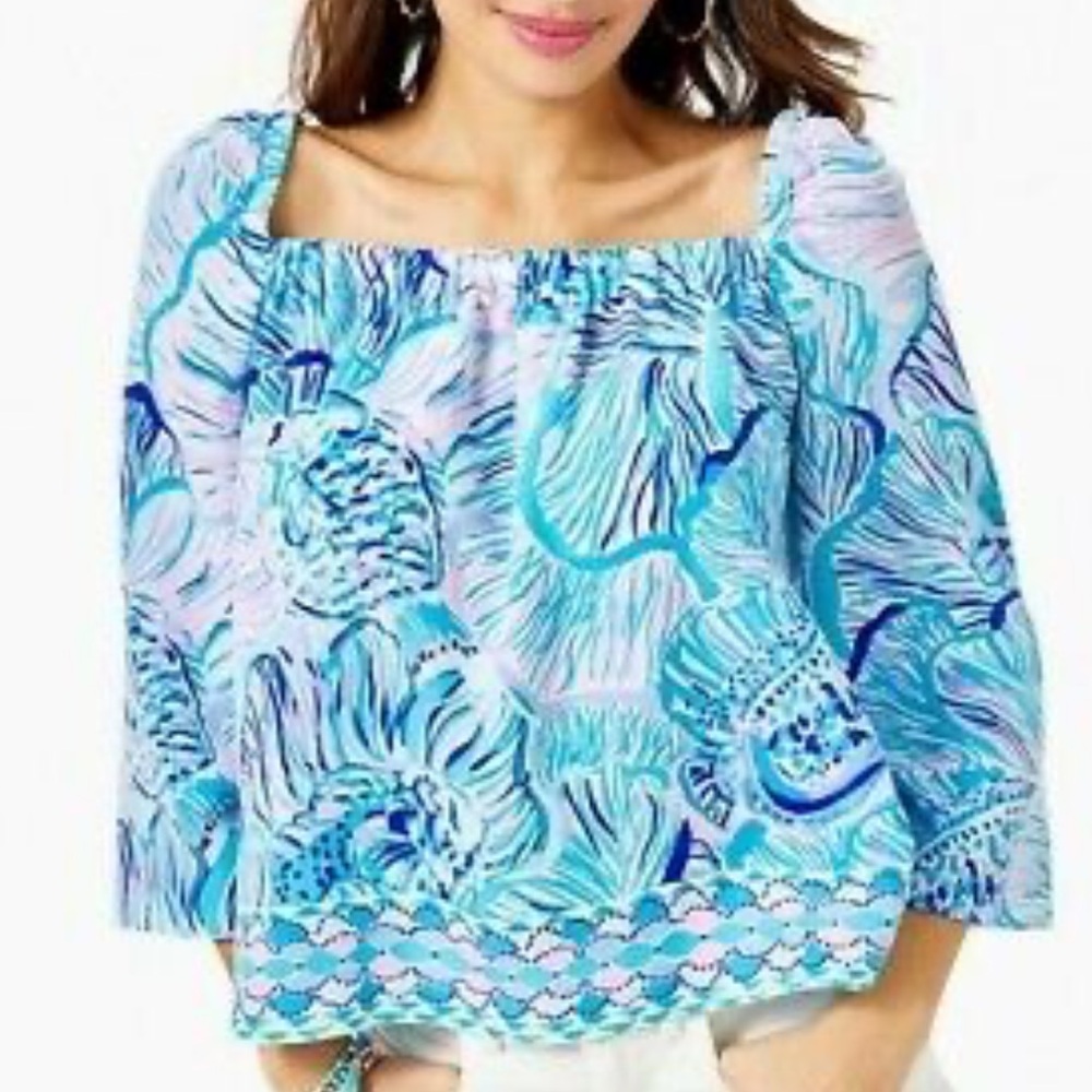 Lilly Pulitzer LIZZIE Top, Bermuda Fishful Thinkjng Blue Lilac, size XXS  NWT